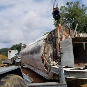 Cement truck overturned during recovery operation.
